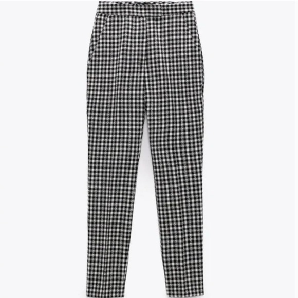 NWT ZARA  Gingham straight leg Black and White Checkered Pants M - Picture 1 of 13